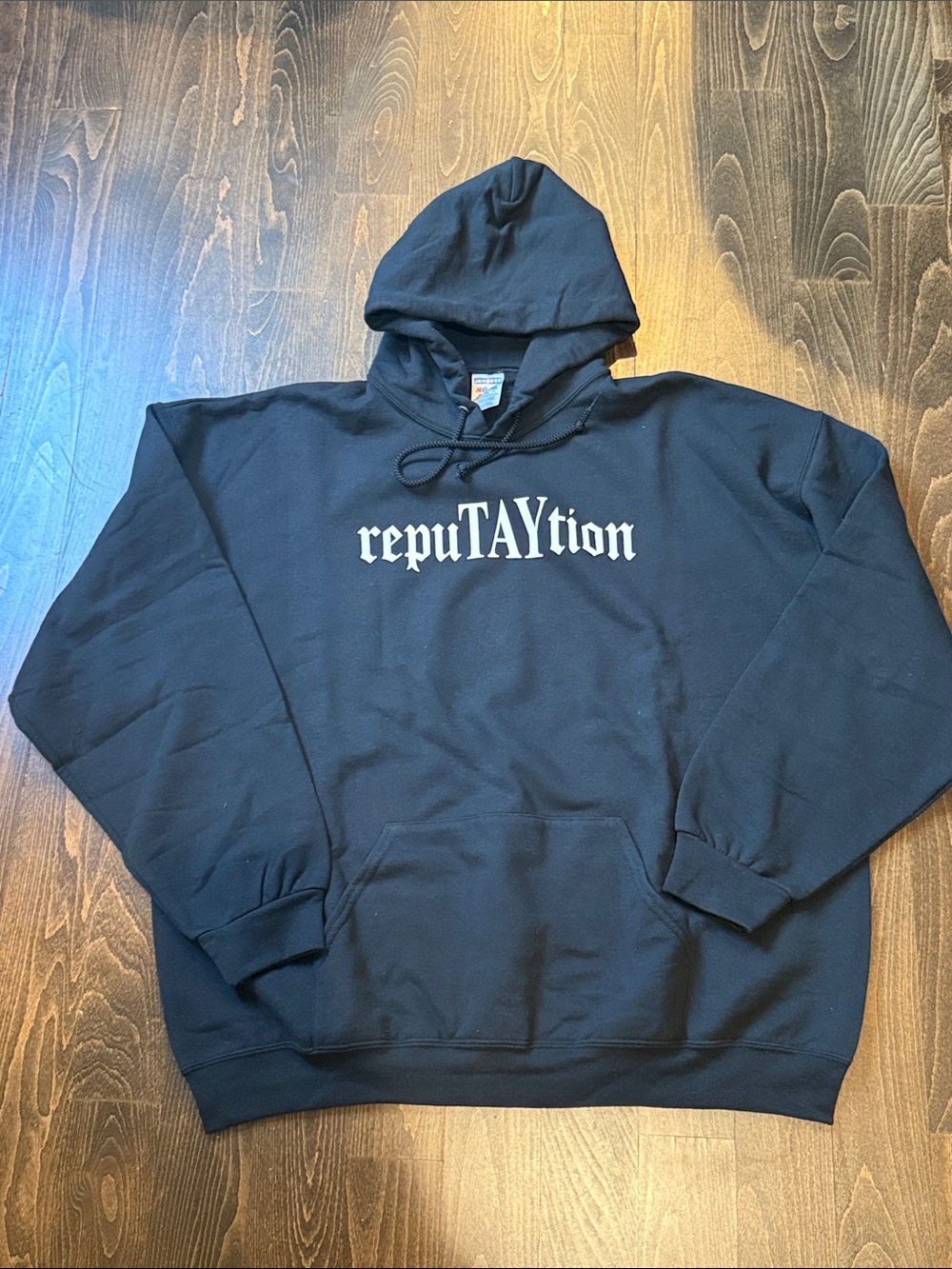 Jerzees Black Pullover Hoodie with White 'repuTAYtion' Graphic
